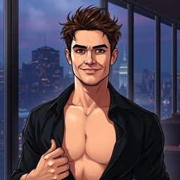 A semi-realistic illustration of a dark brown haired man in his early 20s with tousled hair, wearing an open black shirt that reveals his chest