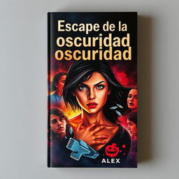 A visually striking book cover for 'Escape de la oscuridad', illustrating a young woman determinedly trying to escape from the complexities of a love triangle