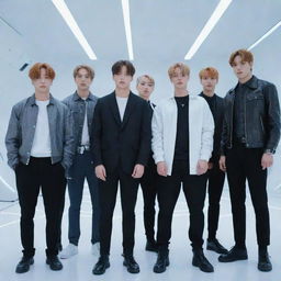 The members of BTS in a futuristic setting, wearing modern clothing and surrounded by advanced technology.