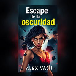 A visually striking book cover for 'Escape de la oscuridad', illustrating a young woman determinedly trying to escape from the complexities of a love triangle