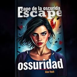 A visually striking book cover for 'Escape de la oscuridad', illustrating a young woman determinedly trying to escape from the complexities of a love triangle