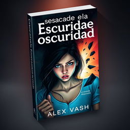 A visually striking book cover for 'Escape de la oscuridad', illustrating a young woman determinedly trying to escape from the complexities of a love triangle