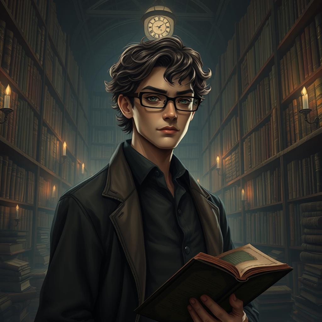 A Lovecraftian-inspired male librarian standing in a dimly lit, ancient library filled with towering bookshelves and mysterious tomes