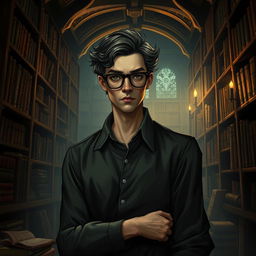 A Lovecraftian-inspired male librarian standing in a dimly lit, ancient library filled with towering bookshelves and mysterious tomes