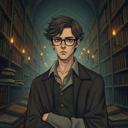 A Lovecraftian-inspired male librarian standing in a dimly lit, ancient library filled with towering bookshelves and mysterious tomes