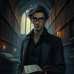 A Lovecraftian-inspired male librarian standing in a dimly lit, ancient library filled with towering bookshelves and mysterious tomes