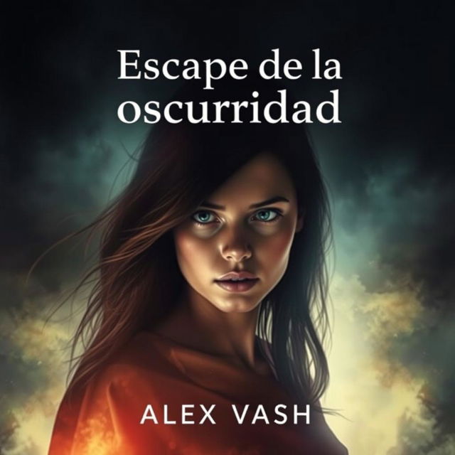 A compelling book cover for the title 'Escape de la oscuridad', showcasing a young woman who is desperately trying to navigate her way out of a love triangle