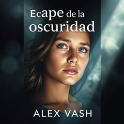 A compelling book cover for the title 'Escape de la oscuridad', showcasing a young woman who is desperately trying to navigate her way out of a love triangle