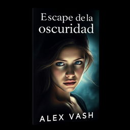 A compelling book cover for the title 'Escape de la oscuridad', showcasing a young woman who is desperately trying to navigate her way out of a love triangle