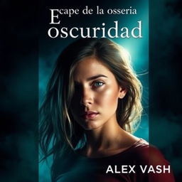 A compelling book cover for the title 'Escape de la oscuridad', showcasing a young woman who is desperately trying to navigate her way out of a love triangle