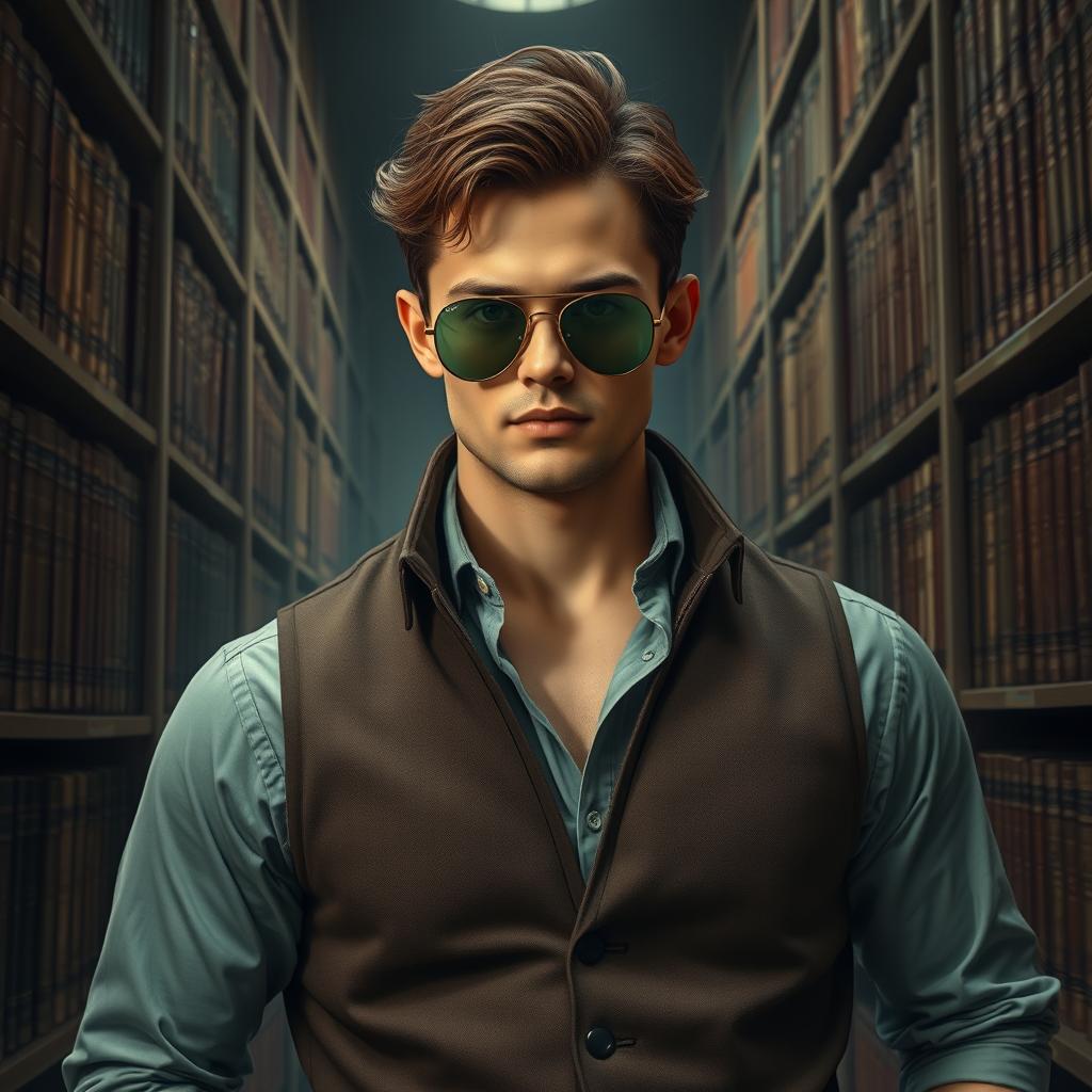 A well-built male librarian with an air of mystery, embodying a Lovecraftian aesthetic