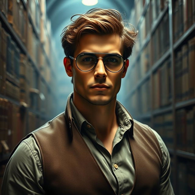 A well-built male librarian with an air of mystery, embodying a Lovecraftian aesthetic