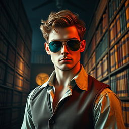 A well-built male librarian with an air of mystery, embodying a Lovecraftian aesthetic