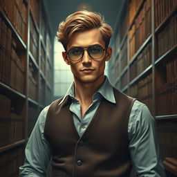 A well-built male librarian with an air of mystery, embodying a Lovecraftian aesthetic