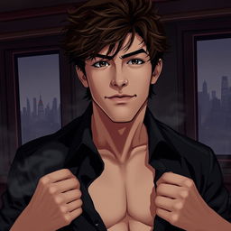 A semi-realistic illustration of a dark brown, tousled haired young man in his early 20s, wearing an open black shirt that reveals his chest