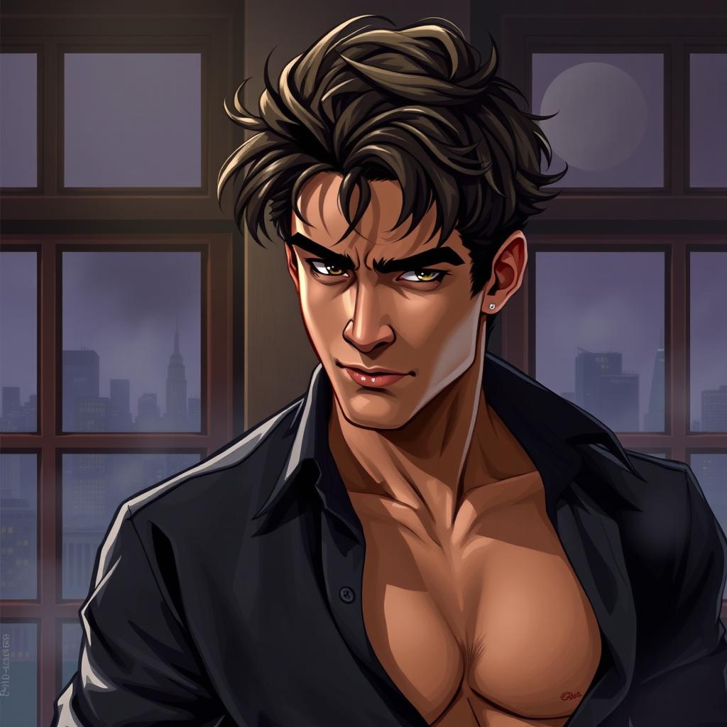 A semi-realistic illustration of a dark brown, tousled haired young man in his early 20s, wearing an open black shirt that reveals his chest