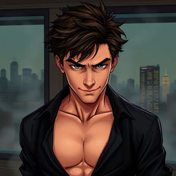 A semi-realistic illustration of a dark brown, tousled haired young man in his early 20s, wearing an open black shirt that reveals his chest