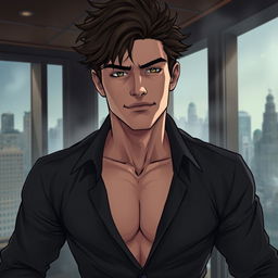 A semi-realistic illustration of a dark brown, tousled haired young man in his early 20s, wearing an open black shirt that reveals his chest