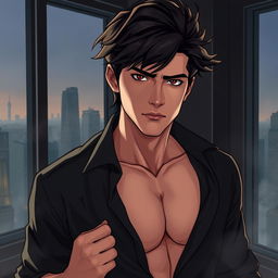 A semi-realistic illustration of a pretty dark brown, tousled haired young man in his early 20s, wearing an open black shirt that reveals his chest