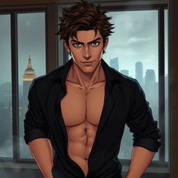 A semi-realistic illustration of a pretty dark brown, tousled haired young man in his early 20s, wearing an open black shirt that reveals his chest