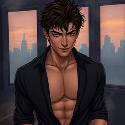 A semi-realistic illustration of a pretty dark brown, tousled haired young man in his early 20s, wearing an open black shirt that reveals his chest