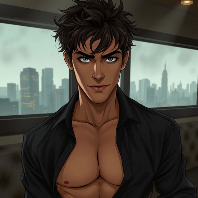 A semi-realistic illustration of a pretty dark brown, tousled haired young man in his early 20s, wearing an open black shirt that reveals his chest