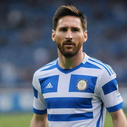 A lifelike image of Lionel Messi wearing the vibrant blue-and-white-striped football jersey of Esteghlal FC, conveying a sense of what-if excitement