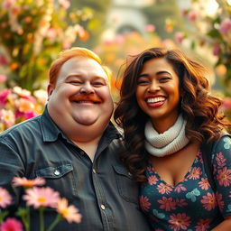 A charming scene featuring a plump red-haired man with a mustache standing next to a woman with wavy hair and bronzed skin