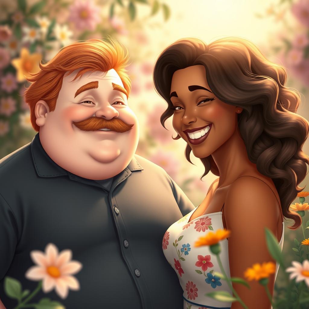 A charming scene featuring a plump red-haired man with a mustache standing next to a woman with wavy hair and bronzed skin