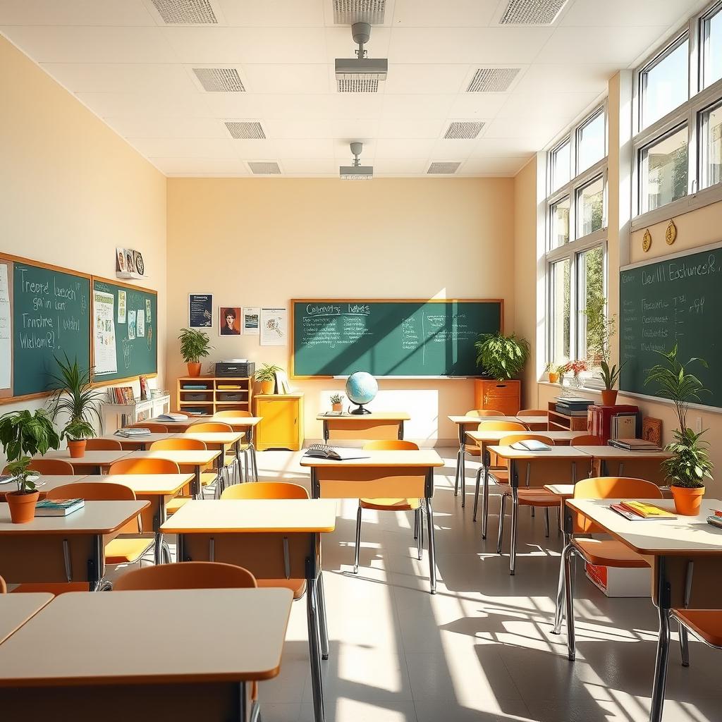 A bright classroom filled with sunlight streaming through large side windows