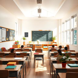 A bright classroom filled with sunlight streaming through large side windows