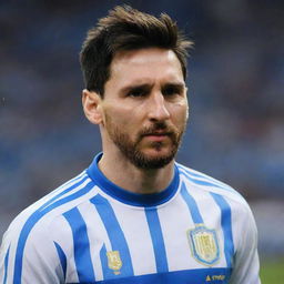 A lifelike image of Lionel Messi wearing the vibrant blue-and-white-striped football jersey of Esteghlal FC, conveying a sense of what-if excitement