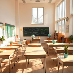 A bright classroom filled with sunlight streaming through large side windows