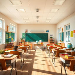 A bright classroom filled with sunlight streaming through large side windows