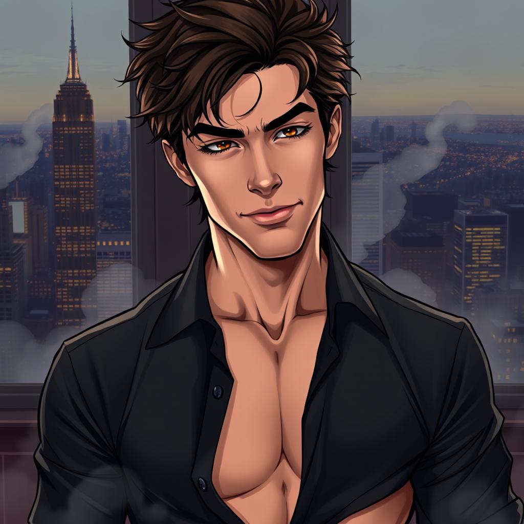 A semi-realistic illustration of a pretty, dark brown, tousled haired young man in his early 20s, wearing an open black shirt that reveals his chest