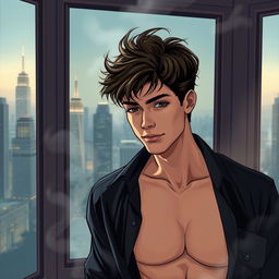 A semi-realistic illustration of a pretty, dark brown, tousled haired young man in his early 20s, wearing an open black shirt that reveals his chest