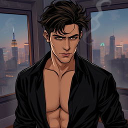 A semi-realistic illustration of a pretty, dark brown, tousled haired young man in his early 20s, wearing an open black shirt that reveals his chest