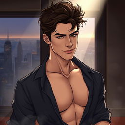 A semi-realistic illustration of a pretty, dark brown, tousled haired young man in his early 20s, wearing an open black shirt that reveals his chest