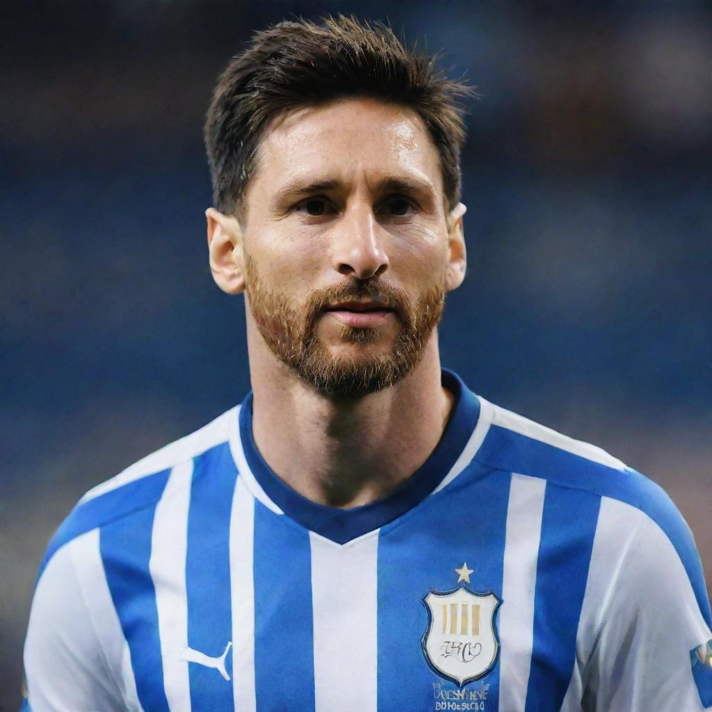 A lifelike image of Lionel Messi wearing the vibrant blue-and-white-striped football jersey of Esteghlal FC, conveying a sense of what-if excitement