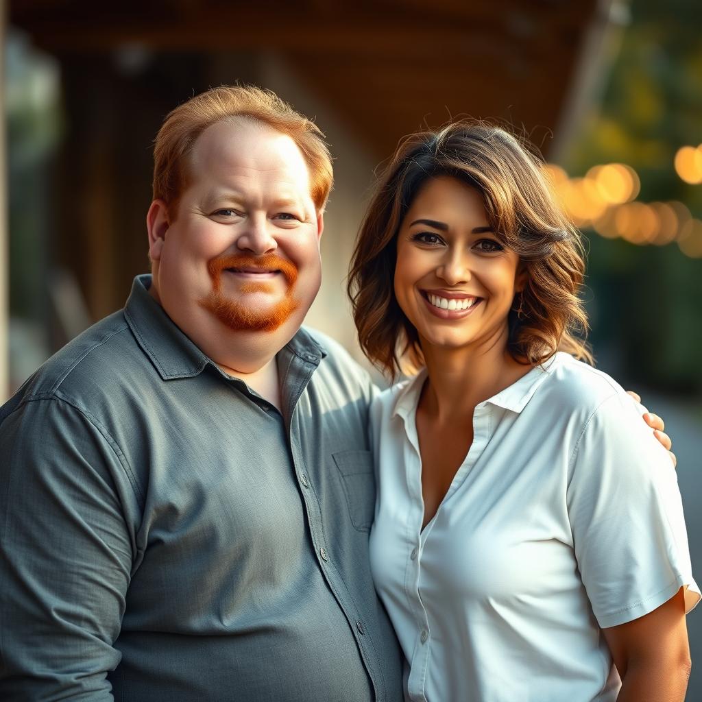 A realistic portrait of a plump red-haired man with a mustache standing next to a woman with wavy hair and bronzed skin