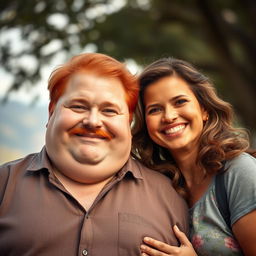 A realistic portrait of a plump red-haired man with a mustache standing next to a woman with wavy hair and bronzed skin