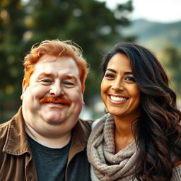 A realistic portrait of a plump red-haired man with a mustache standing next to a woman with wavy hair and bronzed skin