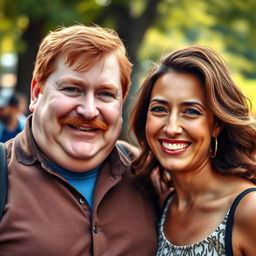 A realistic portrait of a plump red-haired man with a mustache standing next to a woman with wavy hair and bronzed skin