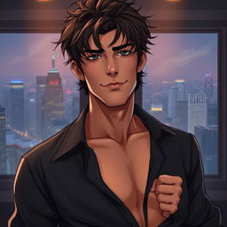 A semi-realistic illustration of a pretty, dark brown, tousled haired young man in his early 20s, wearing an open black shirt that reveals his chest