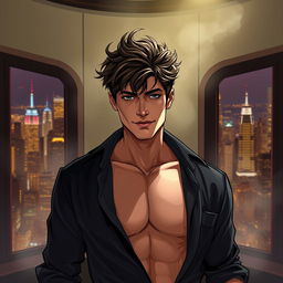 A semi-realistic illustration of a pretty, dark brown, tousled haired young man in his early 20s, wearing an open black shirt that reveals his chest