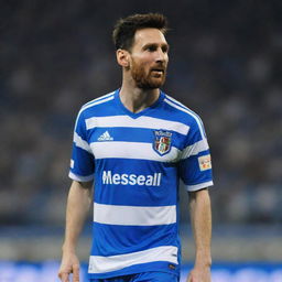 A lifelike image of Lionel Messi wearing the vibrant blue-and-white-striped football jersey of Esteghlal FC, conveying a sense of what-if excitement