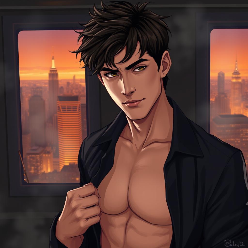 A semi-realistic illustration of a pretty, dark brown, tousled haired young man in his early 20s, wearing an open black shirt that reveals his chest