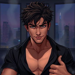 A semi-realistic illustration of a pretty, dark brown, tousled haired young man in his early 20s, wearing an open black shirt that reveals his chest