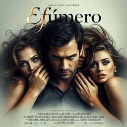 A movie poster featuring a chaotic romantic theme, showcasing a man surrounded by three women, all with intrigued expressions