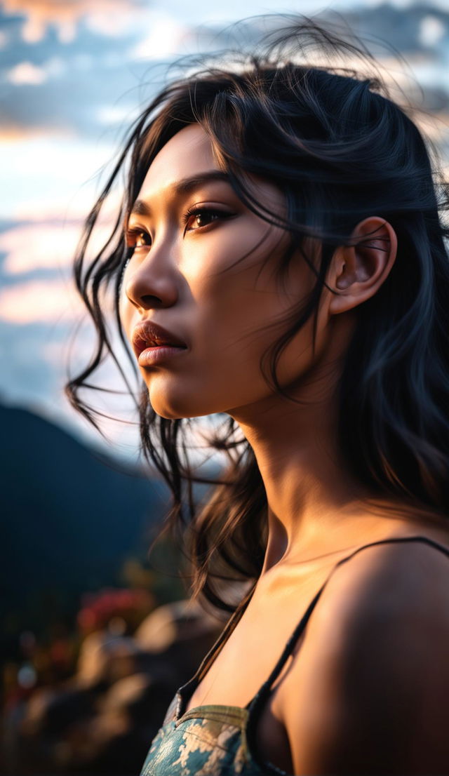 Side profile, beautiful real southeast Asian woman, facial symmetry, full lips, photograph by award winning photographer. Ultra hd ultra high resolution ultra detailed photograph 36k, real, real photo, low light, candid, low angle, landscape, sunset, round pupils, long eyelashes, ultra detailed, unfiltered photograph ,unedited, Upper body, scenery, clouds, human skin, thick detailed hair, raw photo